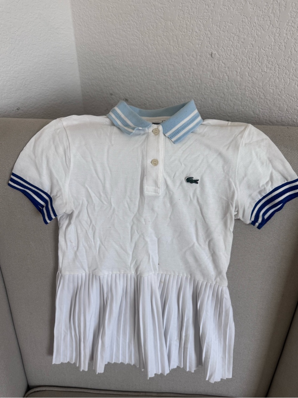 Lacoste White Girls' Polo Top with Light Blue Collar and Navy Trim